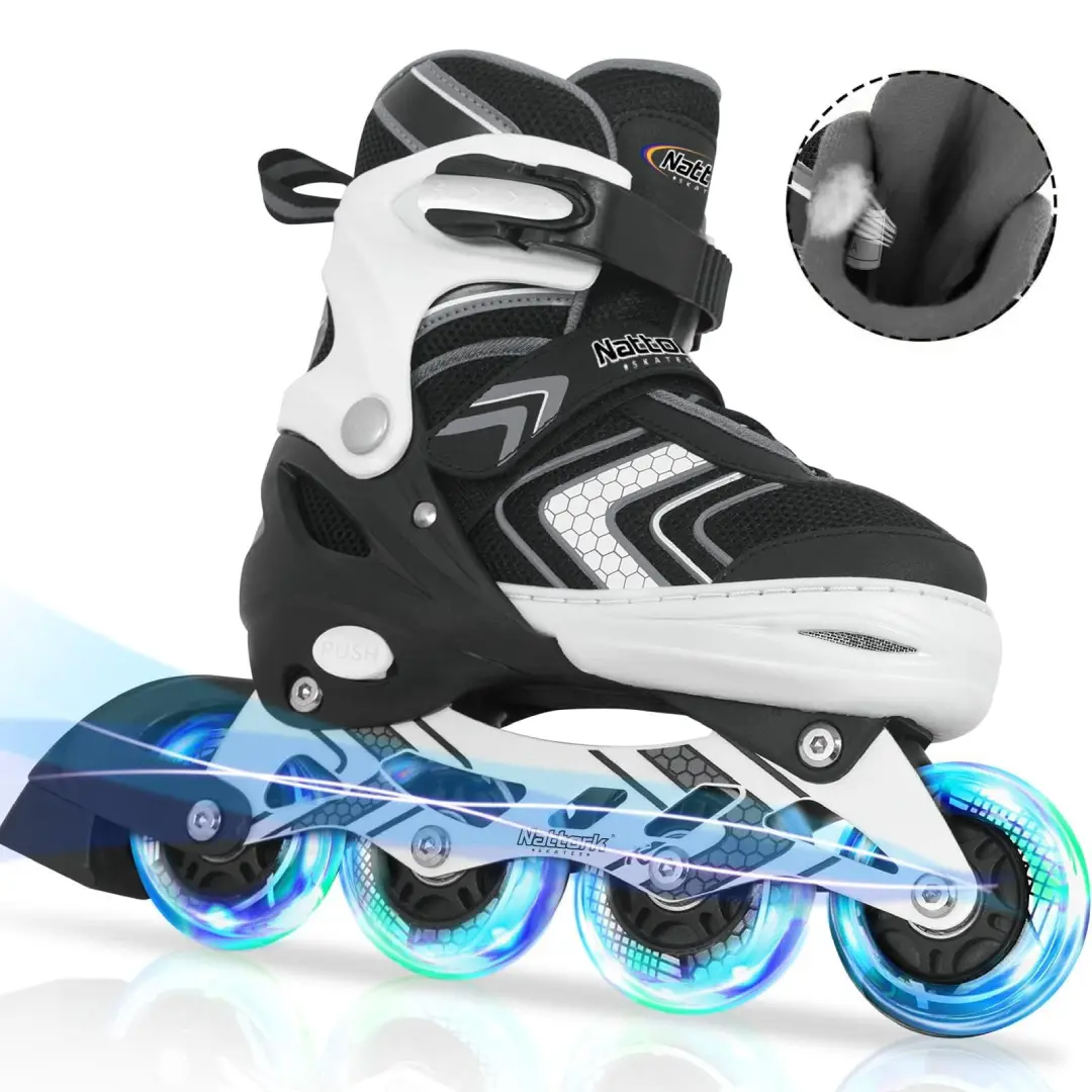 High Quality Fabric Youth Inline Skates - 8 Light-Up Polyurethane Wheels, 4-Size Adjustable, Triple Ankle Support Buckle, ABEC-7 Bearings, Multi-Color Beginners Skates for Kids, Birthday Holiday Gift, Illuminating Wheels, L(5-8), Large-Youth (5-8 Us), M(1