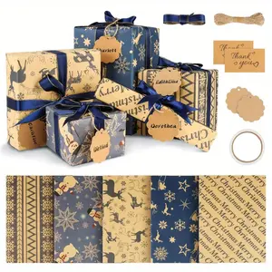 Christmas Wrapping Paper Kit, Contains 10pcs Paper in 5 Different Style, 196.85 Inch Ribbon, 10 Kraft Paper Labels, 10 Message Cards, 1 Tape, Snowmen, Elk, with Snowflakes and Santa Claus for Packaging Christmas Gifts, Thanksgiving Gift Wrapping