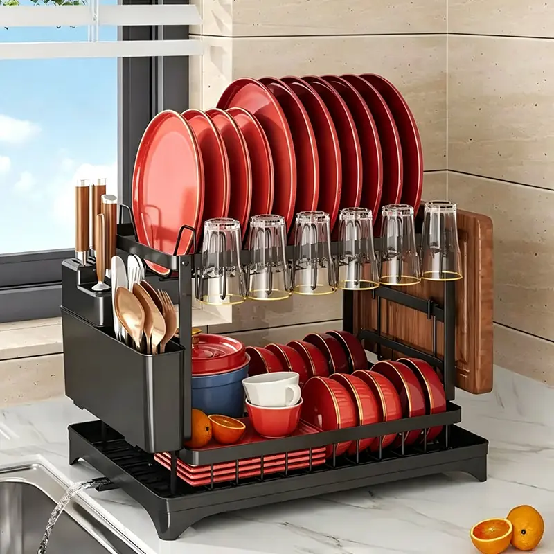 2-Tier Stainless Steel Dish Drying Rack with Drainboard, Multi-Tiered Double-Decker Tower-Style Draining Board for Kitchen Counter Plates, Cups, Knives, Multi-Tiered Draining Boards, 2-Tier Draining Boards Adjustable Storage Rack Adjustable Height Storage