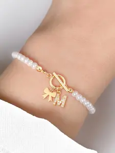 Women's Bow Zircon Letter Toggle Clasps Pendant Bracelet, Faux Pearl Beaded Chain Design, Casual All-Season Jewelry Accessory, Letter Link Bracelet