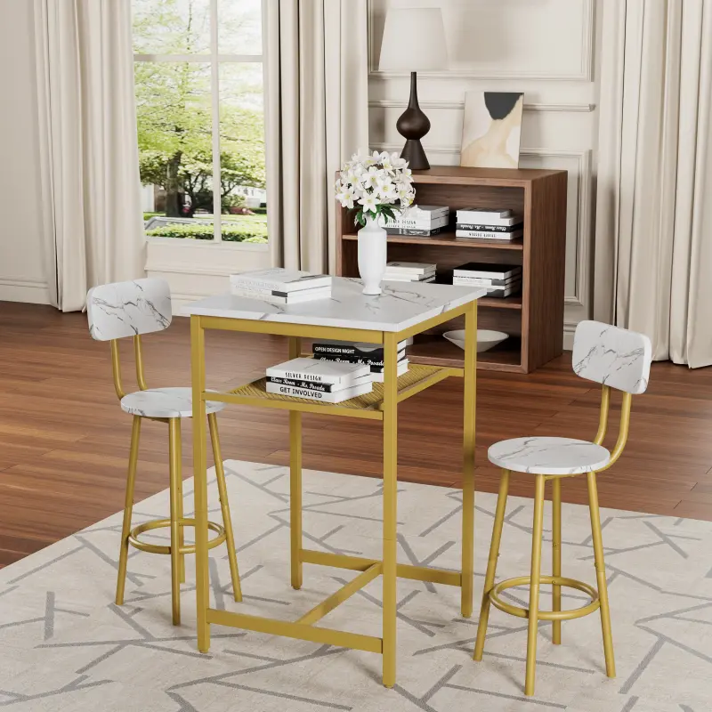 Counter Height Bar Table Set with 2 Backrest Bar Stools & Divider, 3 Pieces Dining Table Set, Space-Saving Folding Design, Modern Wood & Metal Finish