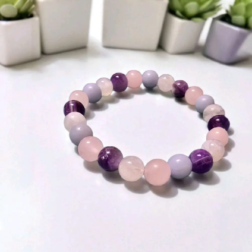 Crystal Bracelet for Anxiety Moonstone Rose Quartz Amethyst Angelite 8mm Beaded Bracelet in Soft Purple Pink and Lavender Colors crystal jewelry lucky crystals Energy boho style Multi-Stone