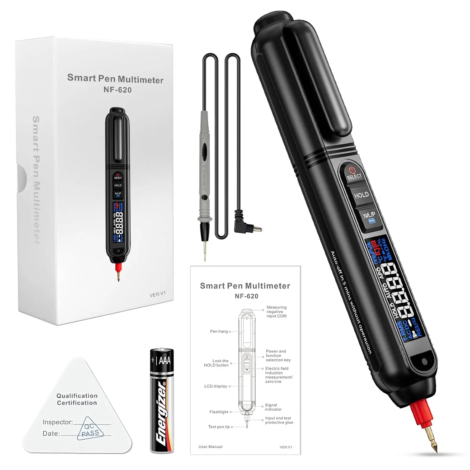 NOYAFA 3 in 1 Pen Type Digital Multimeter, 6000Count AC/DC Voltage Tester Electric Tester Pen, Intelligent Multimeter, Non-Contact Voltmeter Sensor Resistance, Voltage Tester Pen, NF-620