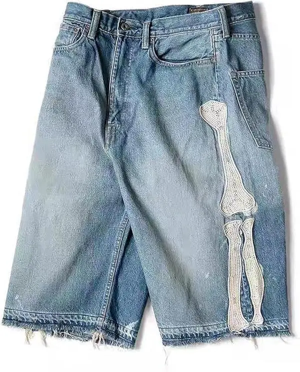 Summer new vintage water-washed hip-hop patchwork embroidered men's and women's short pants, casual and loose fit denim shorts