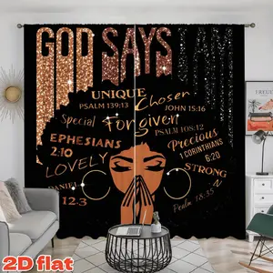 2D Flat 2Pcs African American Woman Art Print Curtains, Inspirational God Says I Am Unique Chosen Forgiven Precious Strong Decor Window Drapes for Living Room Bedroom, Semi-Shading Polyester Fiber, Anti-Privacy, Home Decor.