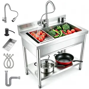 31.5-in Commercial Stainless Steel Utility Sink - Single Bowl Freestanding Kitchen Sink with Bottom Shelf Structure, Smart Storage, Rotating-Pull Out Hot & Cold Water Faucet, Drain Kit & Hoses for Restaurant, Laundry Room