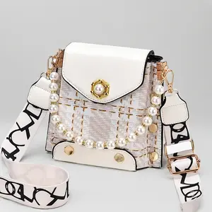 Women's Mini Plaid Crossbody Bag With Pearl Trim, Flip Mini Shoulder Bag, Classic Shoulder Bag, Band Strap