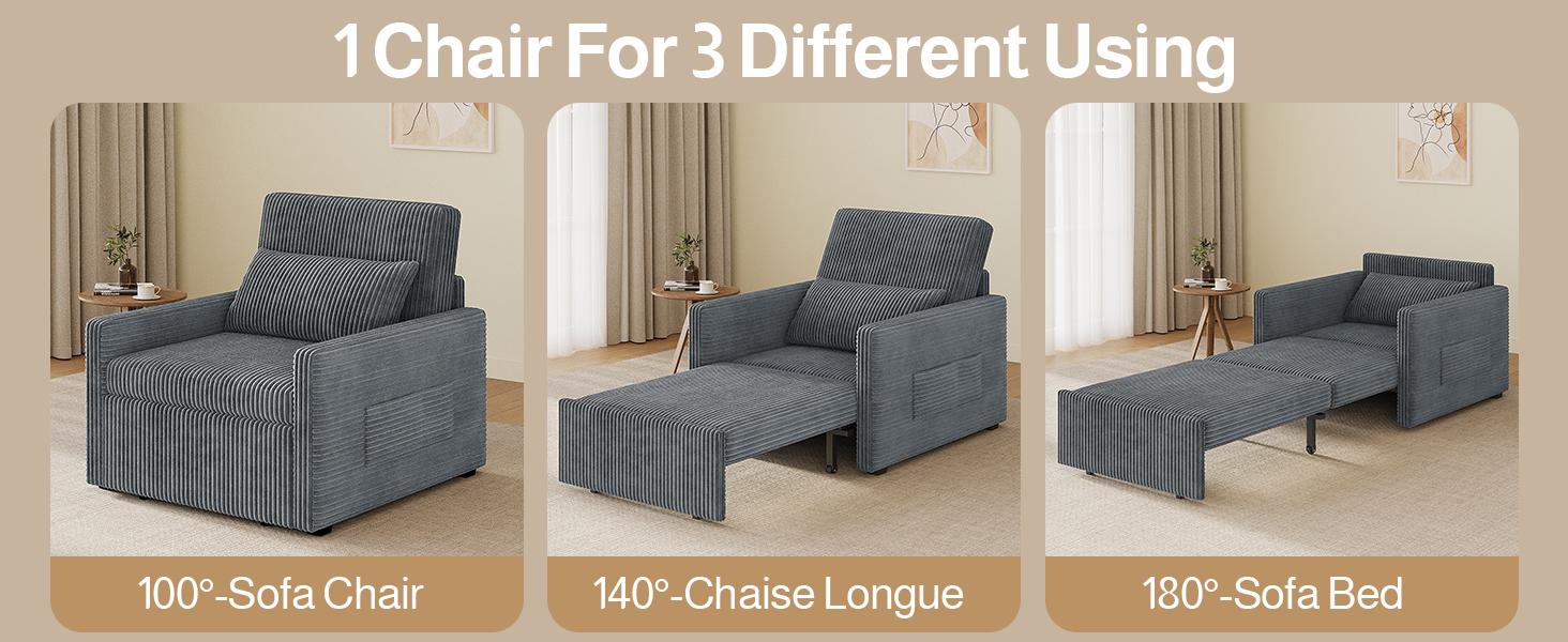 Gizoon 3 in 1 Pull Out Sleeper Chair, 75.2" Long Convertible Sofa Bed for Adults, Corduroy Armchair Chair Bed & Single Sleeper with Pillow for Dorm/Bedroom, Dark Grey | Dark Gray