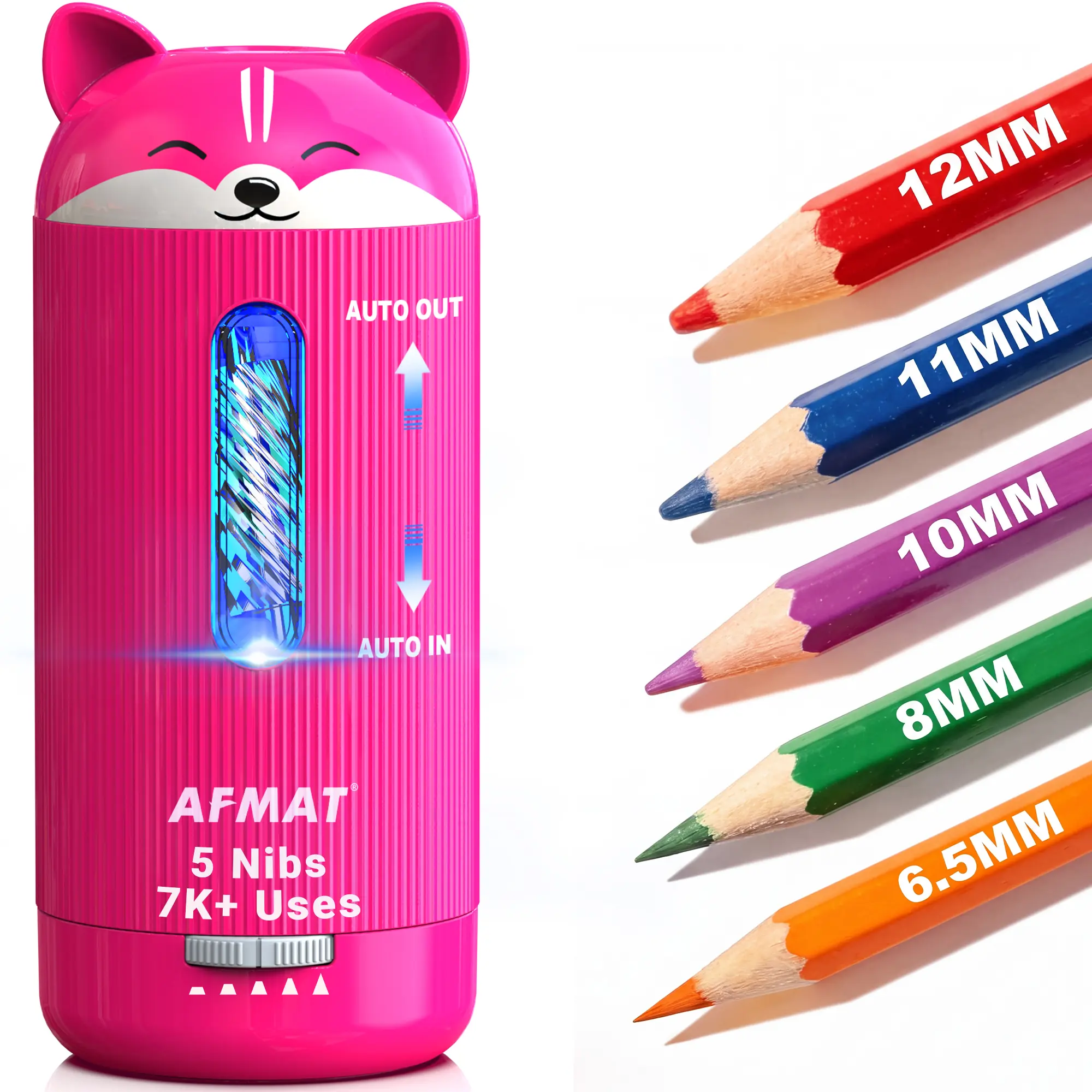 AFMAT Cute Pink Fox Compact Desktop Rechargeable Electric Pencil Sharpener - Auto-Feed, Auto-Eject, 5 Sharpness Settings, Adjustable Tip, Fits 6.5-12mm Pencils, Sharpens Fast, Great for School, Office & Art, Home Study, Drawing Tool