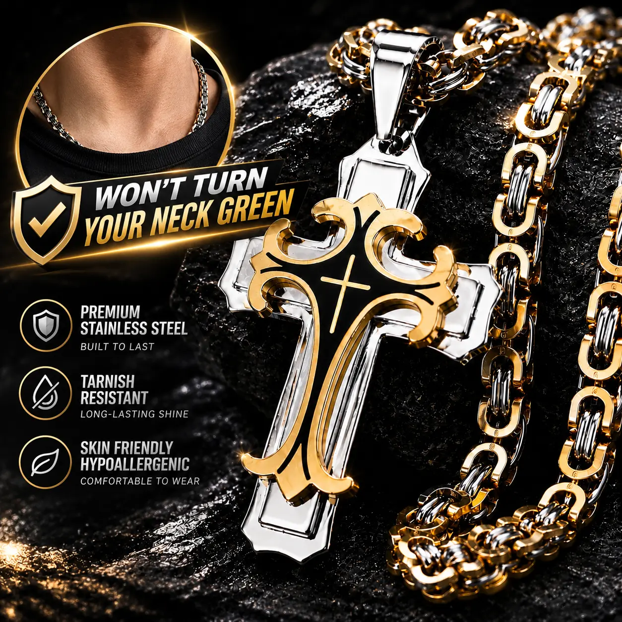 Men's Stainless Steel Cross Necklace, Gold & Silver Two-Tone Chunky Cross Pendant with Bold Link Chain, Gothic Hip Hop Christian Faith Statement Jewelry, Streetwear Accessory, Free Shipping 3-Day Delivery