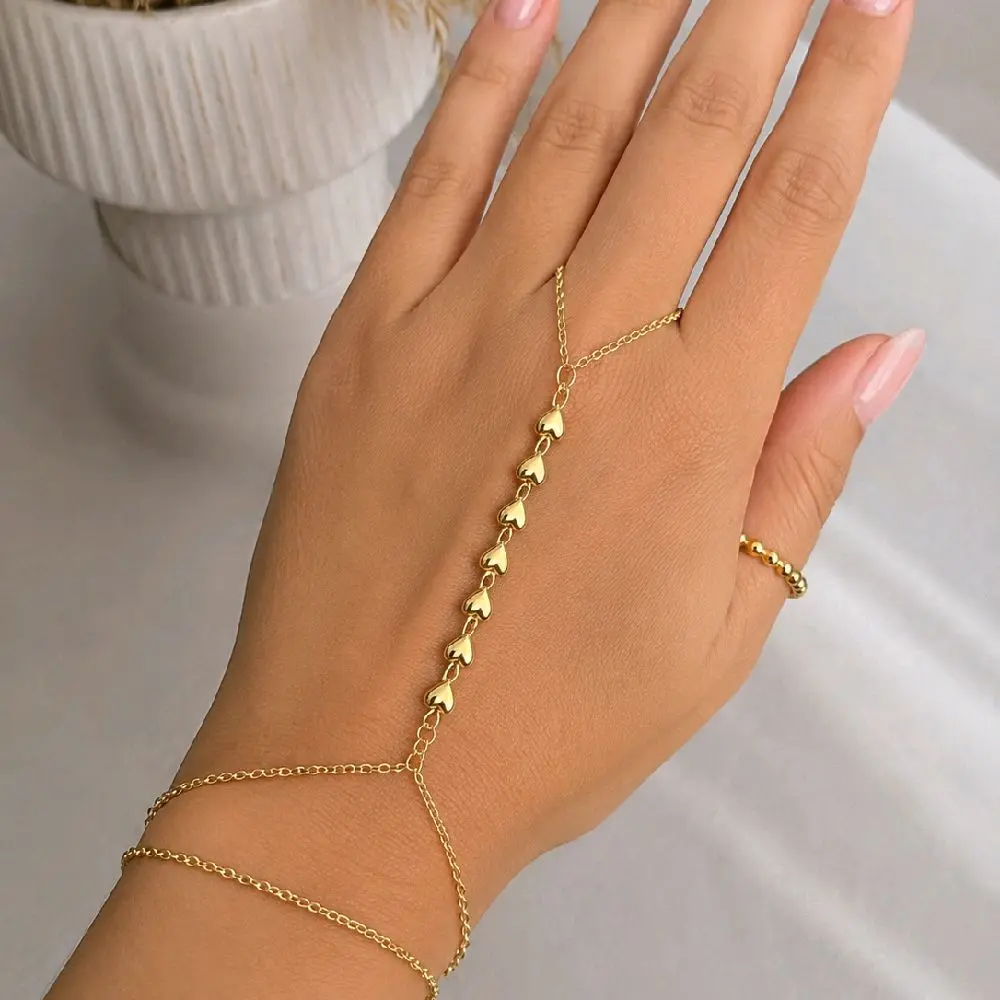 Gold Plated Hand Chain Bracelet with Heart, perfect for especial moment for yours., Trendy Jewelry, Heart Shaped Bracelet