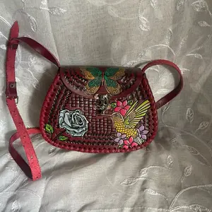 Handcrafted Mexican Style Over the Shoulder Bag with Unique Embroidered Butterfly & Floral Design Red Leather Crossbody