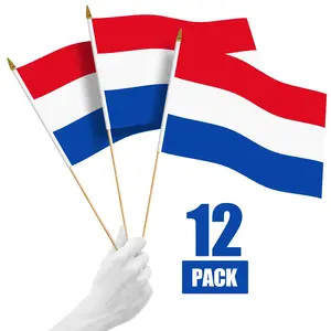 G128 12 Pack Handheld Netherlands Dutch Stick Flags | 12x18 In | Printed 150D Polyester, Country Flag, Solid Wooden Stick, Spear Gold Tip