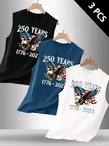 Men's Summer Casual Sleeveless Vest, American Flag Eagle Letter Print, Outdoor Sports Wear, Daily Versatile, 3 Pack