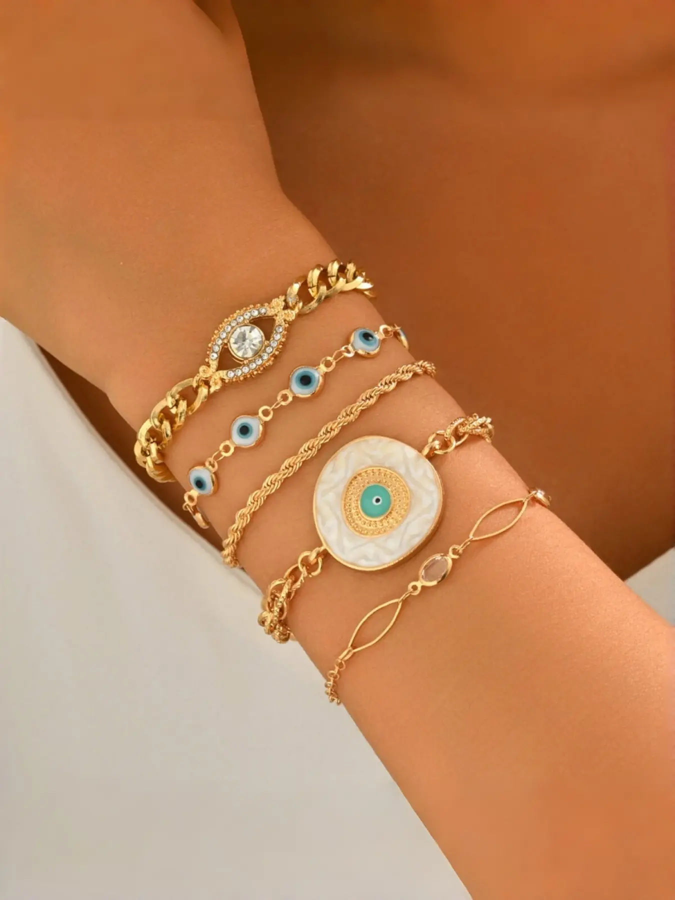 5pcs Mediterranean Evil Eye Bracelet Stack, Coastal Boho Layered Bracelets, Casual Style for All Seasons, Beach & Resort Looks
