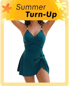 Blooming Jelly Gold Metal Tie Knot One Piece Swimsuit Womens Tummy Control Swim Dress Tankini Outfit Summer Swimdress