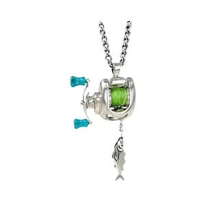 Fishing Reel Necklace, Rotating Handle Swirling Pendant Keychain, Backpack Charm, Keychain for Fishermen