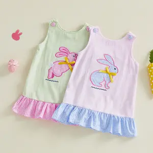 Babamoon Toddler Baby Girl Easter Dress Plaid Hem Striped Bunny Embroidered Sleeveless Ruffled Tank Dresses Cute Summer Spring Clothes 6M-4Y