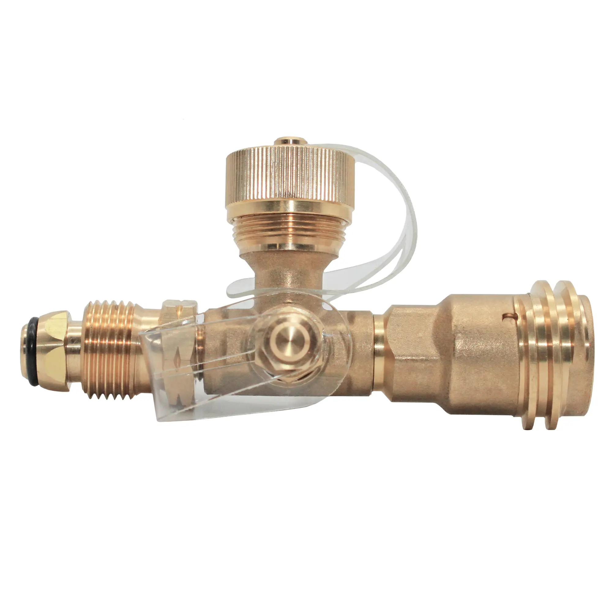 Flame King 4 Port Brass Tee Propane Adapter POL Inlet, 1/4 Inverted Female Flare Inlet, QCC Outlet, CGA600 Outlet (RV-COMBO1)