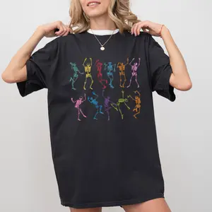 Dancing Skeletons Comfort Colors Shirt, Colorful Skeletons Dancing Graphic Printed Tee, Funny Halloween Unhinged Shirt, Funny T-shirt For Women, Spooky Season Shirt, Spooky Vibes, Women's Top, Womenswear, Cotton Fabric Relaxed Fit Chic Style