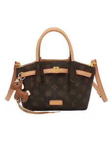 Vintage Print Basket Handbag, Retro Lightweight Shoulder Bag, Small Horse Pendant Crossbody Bag, Colorblock Leather Commuter Bag