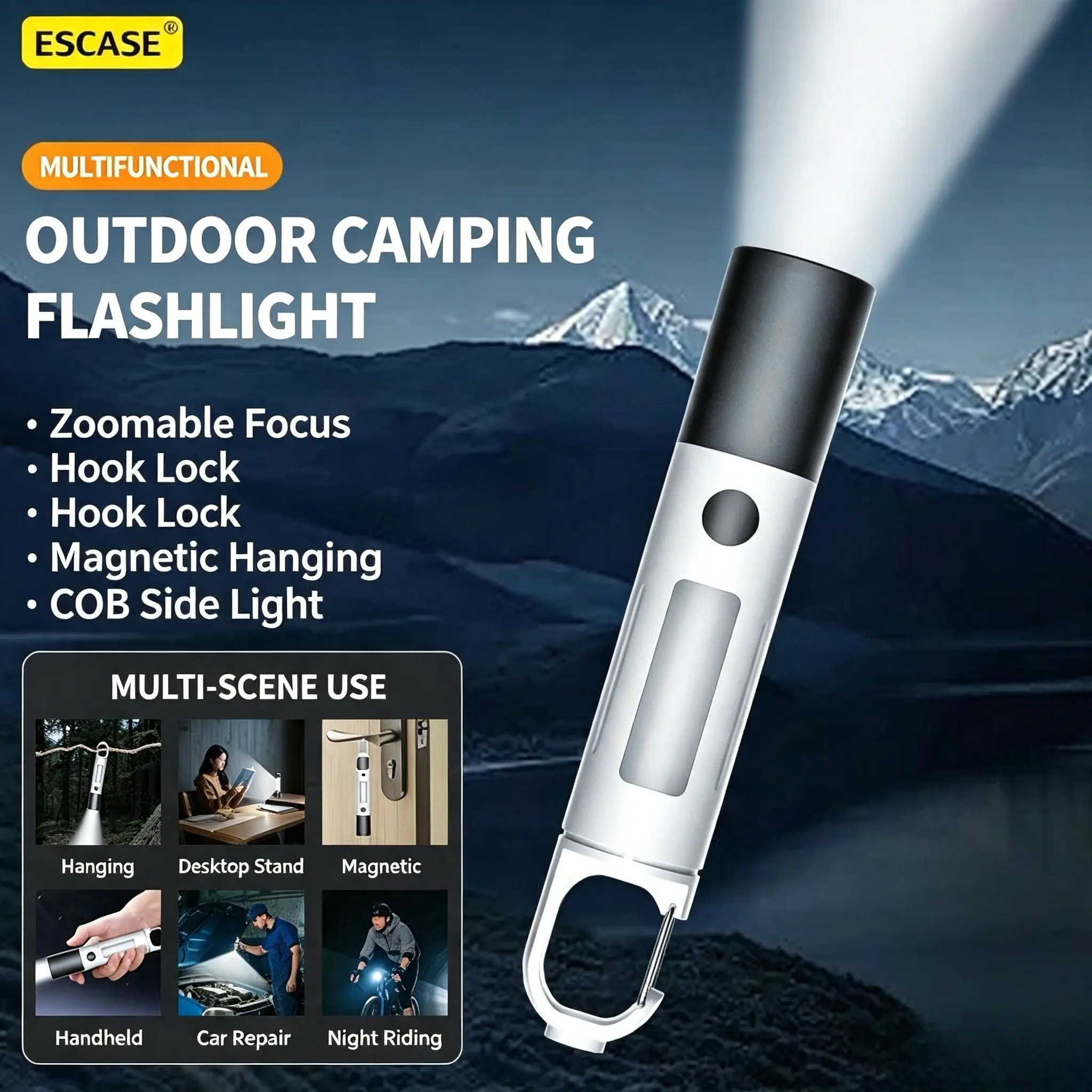 Compact Zoomable Camping Flashlight with Hook & Magnetic Design, COB Side Light, 4 Brightness Modes, USB Rechargeable IPX4 Waterproof Mini Handheld Torch for Outdoor Night Walking Car Repair