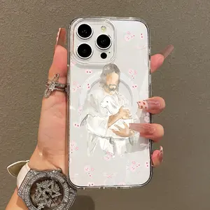 Magnetic Soft Case for iPhone11/12/13/14/15/16/promax, Jesus holding lamb, floral background MagSafe Compatible,Aesthetic Pattern Design Lightweight,AntiScratch,and Trendy