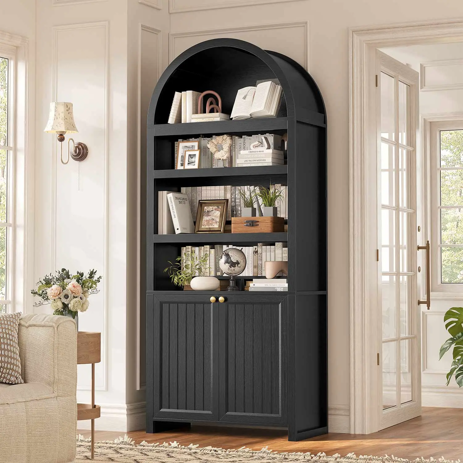 SIKAIC 81.1 in Tall 6-Tier Mid Century Family Friendly Bookcase with Door - Black Silent-Operation Storage Cabinet for Books, Collectibles, Home Library & Home Office