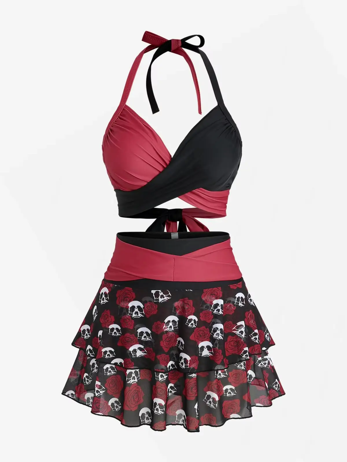 Rosegal Plus Size Rose Flower Skulls Printed Halter Crisscross Tie Back Bowknot Skirt 3 Piece Swimsuit