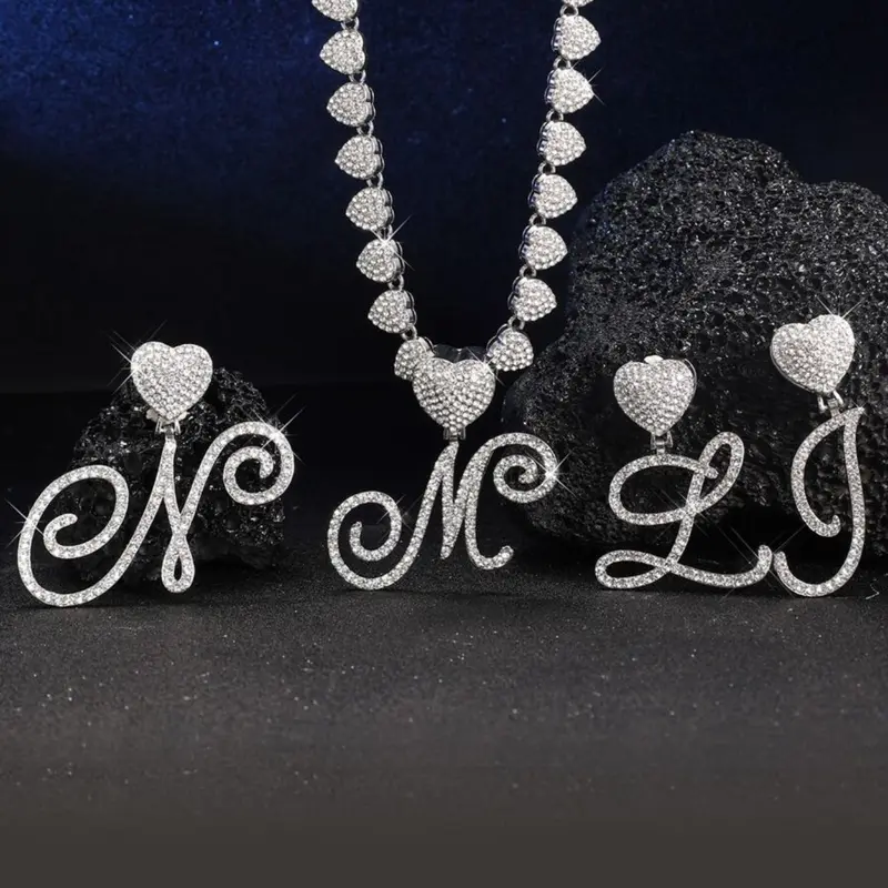 Rhinestone Heart Pendant Necklace, Rhinestone Decorated Necklace, Cuban Hip Hop Jewelry, Personalized Alphabet Letters Design, Perfect for Evening Parties