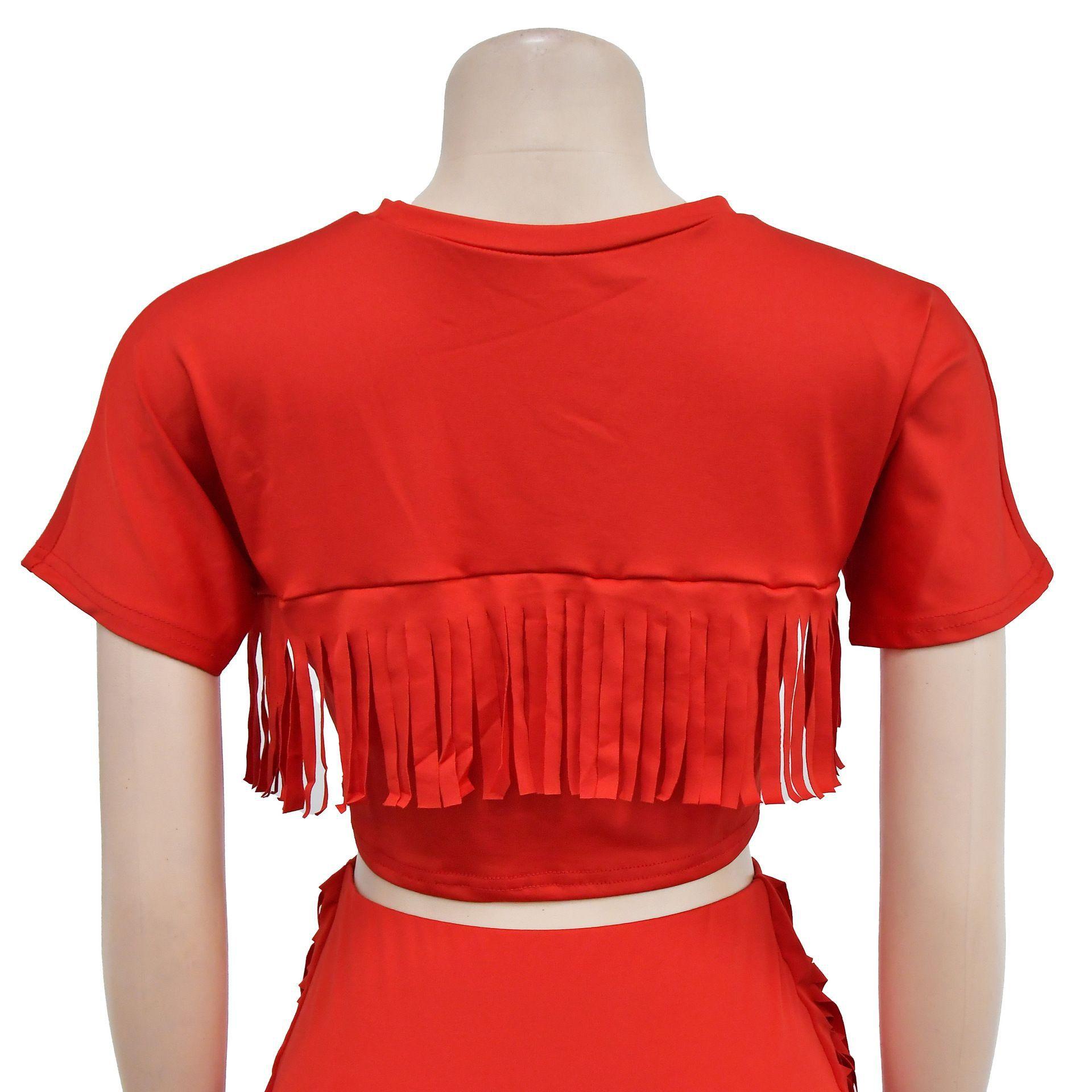 FashionableStyle Solid Color Fringe Round Neck Short Sleeve Long Dress Two-Piece Set
