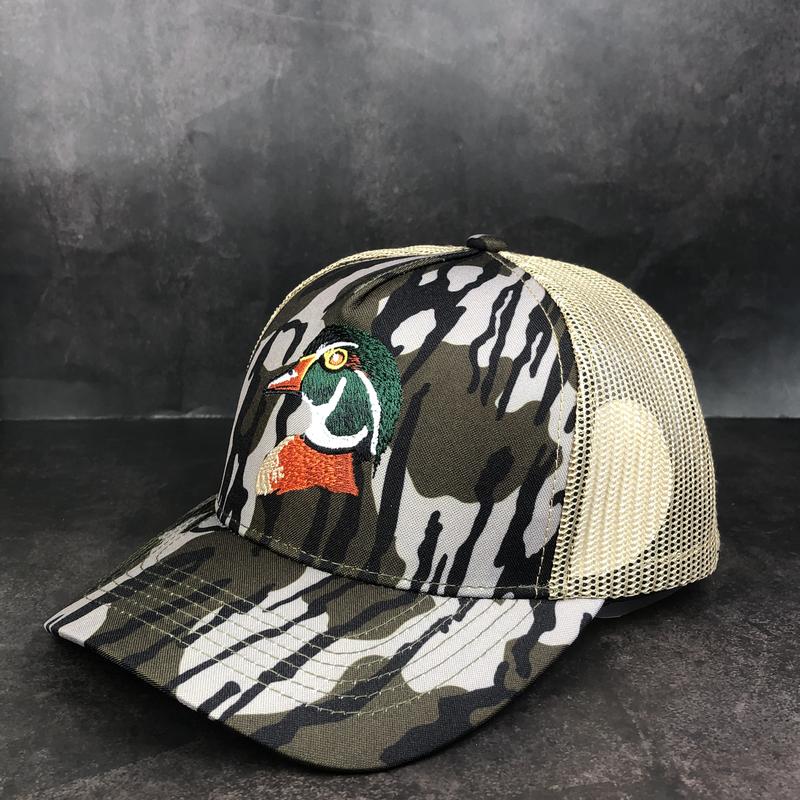 Wood Duck Hunting Hat – Embroidered Duck Design Bottomland Camo Trucker Cap, Perfect Gift for Duck Hunters