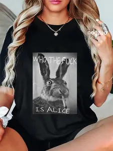 100% Cotton #snirt Funny Rabbit on T-Shirt Who is Alice? Cool Hoodie T-Shirt
