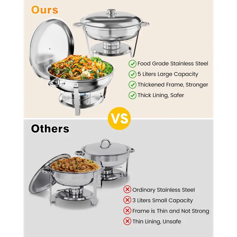 Garvee Round Professional Stainless Steel Chafing Dish 5QT Round Buffet Server & Warmer Rust Resistant Casserole Cooking Container 2 4 or 6 Pack Options