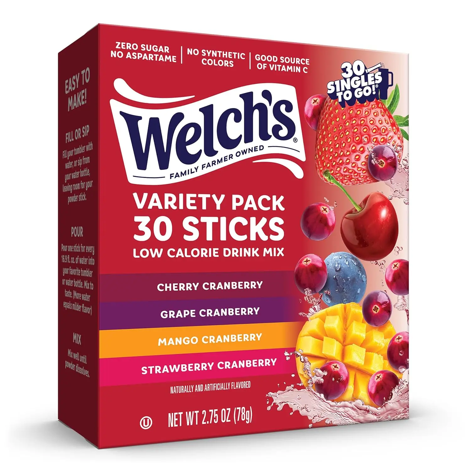 Welch's Singles To Go Cranberry Variety Drink Mix 30 Sticks Sugar Free Water Flavor Packets No Aspartame Low Calorie 4 Fruit Flavors No Artificial Dyes