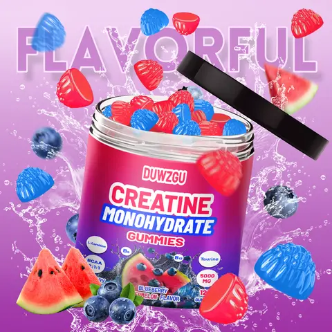 Natural Creatine Monohydrate Gummies - 128ct Supply, 30-day Tub, 3g Per Serving, 450g Nutrition Supplement for Women, Strawberry/Blueberry Flavors, Fruit Blend, Glucose Syrup, Malic Acid, Brain Booster, Muscle Growth, Strength, Quick Recovery, Pre-Workout
