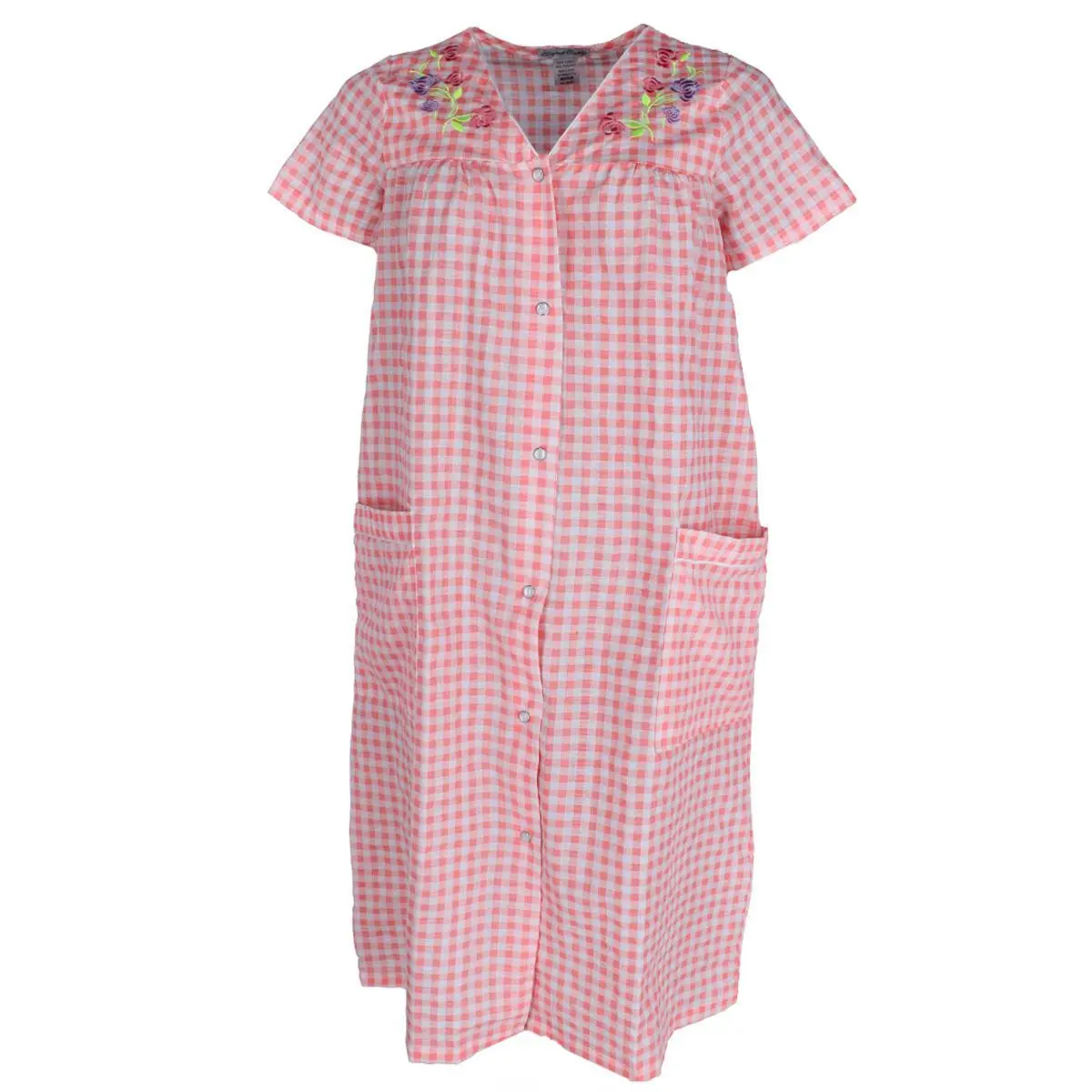 Elegant Emily Women's Gingham Plus Size Duster with Floral Detailing, Nightshirts