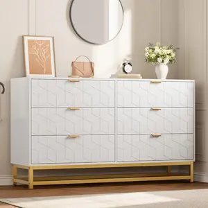 Modern 6 Drawer Dresser Wood Clothes Storage Chest Carved Patterns Bedroom Furniture Luxury Cabinet With Gold Legs Handles Matching TV Stand Media Console For Living Room Entryway Small Space Apartment Wardrobe Organizer White Black Pink