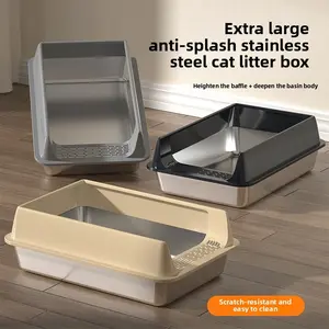 Large Stainless Steel Cat Litter Box, Anti-Splash Semi-Enclosed Design, Extra Thickened High Rim, Suitable for Dogs & Cats, Easy to Clean