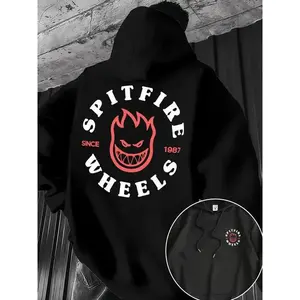 Blank Graphic Studio Men's Spitfire Pattern Fitted Hoodie, Skate Culture Print, Kangaroo Pocket, Drawstring Cap, Casual Streetwear, All Seasons Comfort