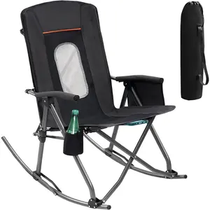 Oversized Folding Rocking Camping Chair Portable Outdoor Rocker with High Back Hard Armrests Carry Bag, Supports 400 lbs, Mesh Back, Black heavyduty chair chair for folding lawnchair travel folding silla p