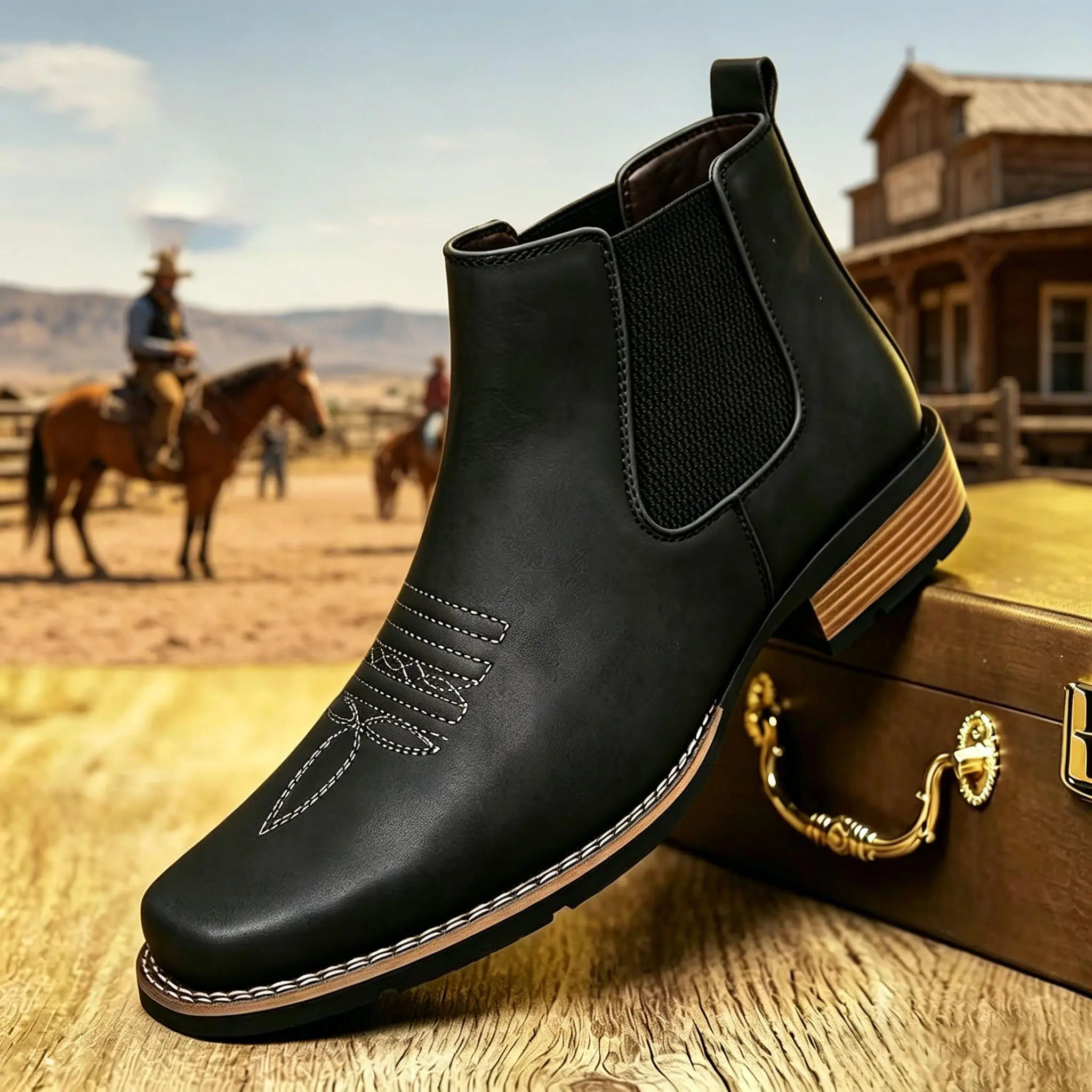 Men's Square-Toe Embroidered Chelsea Boots - Slip-On, Wide, Plain, Vintage Chic, Cuban, All Seasons, Sturdy Durable, Closed-Toe Ankle Footwear for Daily Work Commuting Walking, Walking Shoes, Design