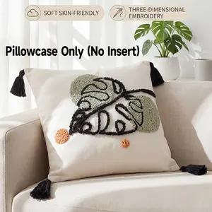 Abstract Leaf Embroidered Pillow Cover, Wabi-Sabi Style Fringe Sofa Decor, Natural Series, Suitable for All Ages