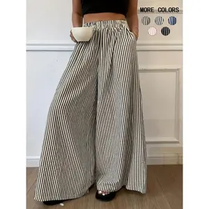 Women's striped printed elastic wide leg pants, casual and comfortable pocket pants, suitable for daily wear, suitable for all seasonsRAIMENTRY
