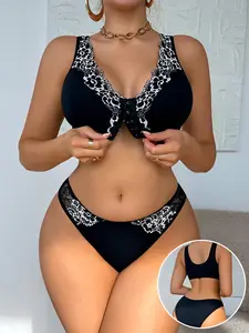Women's 2-Piece Bra and Thong Set, Lace Trimmed Front Buckle Bralette, Slim-Fitting Max Support Lingerie, All Seasons Wear, Underwear Sets