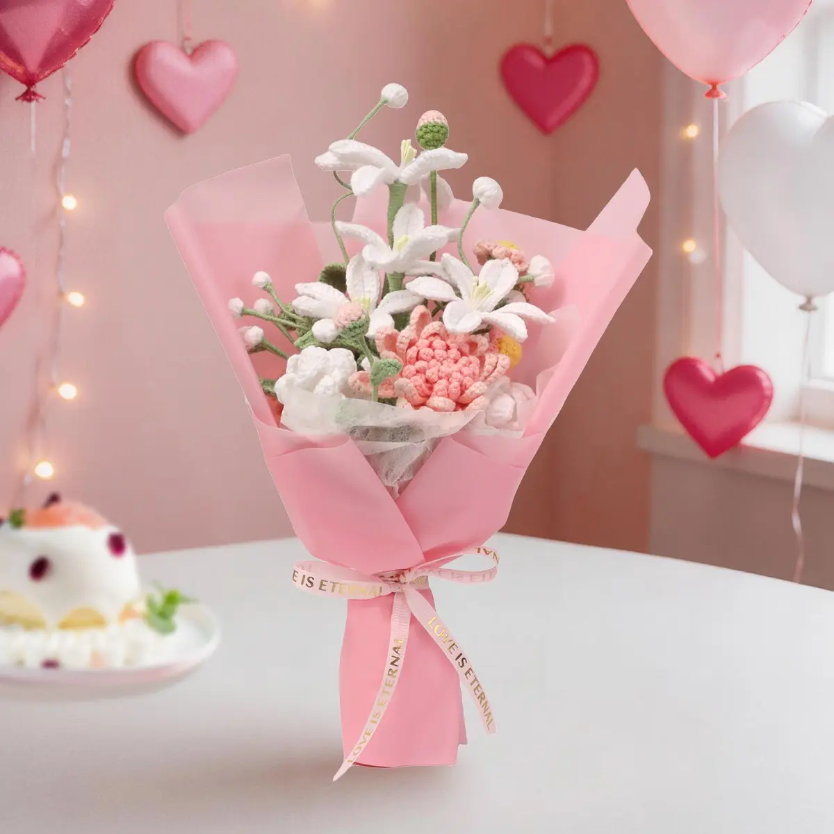 Valentine's Day Yarn Flower Bouquet, Fresh Artificial Floral Arrangement, Desktop Decor, Party Gift, Ideal for Women, Men, Wife, Mom, Teacher, Kids, Artificial Flower Decoration