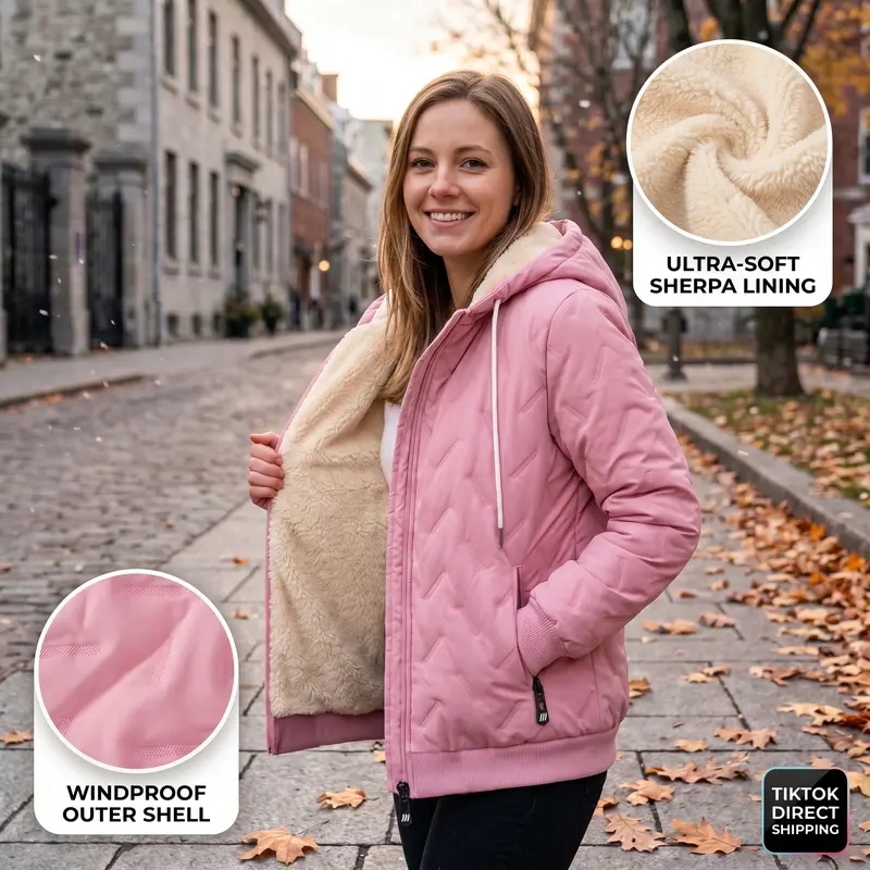 【JOGWAVE】Super Warm Fleece-Lined Hooded Jacket | Comfortable Windproof Quilted Winter Outerwear, Suitable for Women