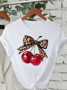 Fashion Cherry Print Women T-Shirt Short Sleeve Crew Neck Casual Tops for Summer Spring Women's Clothing Tops Tees