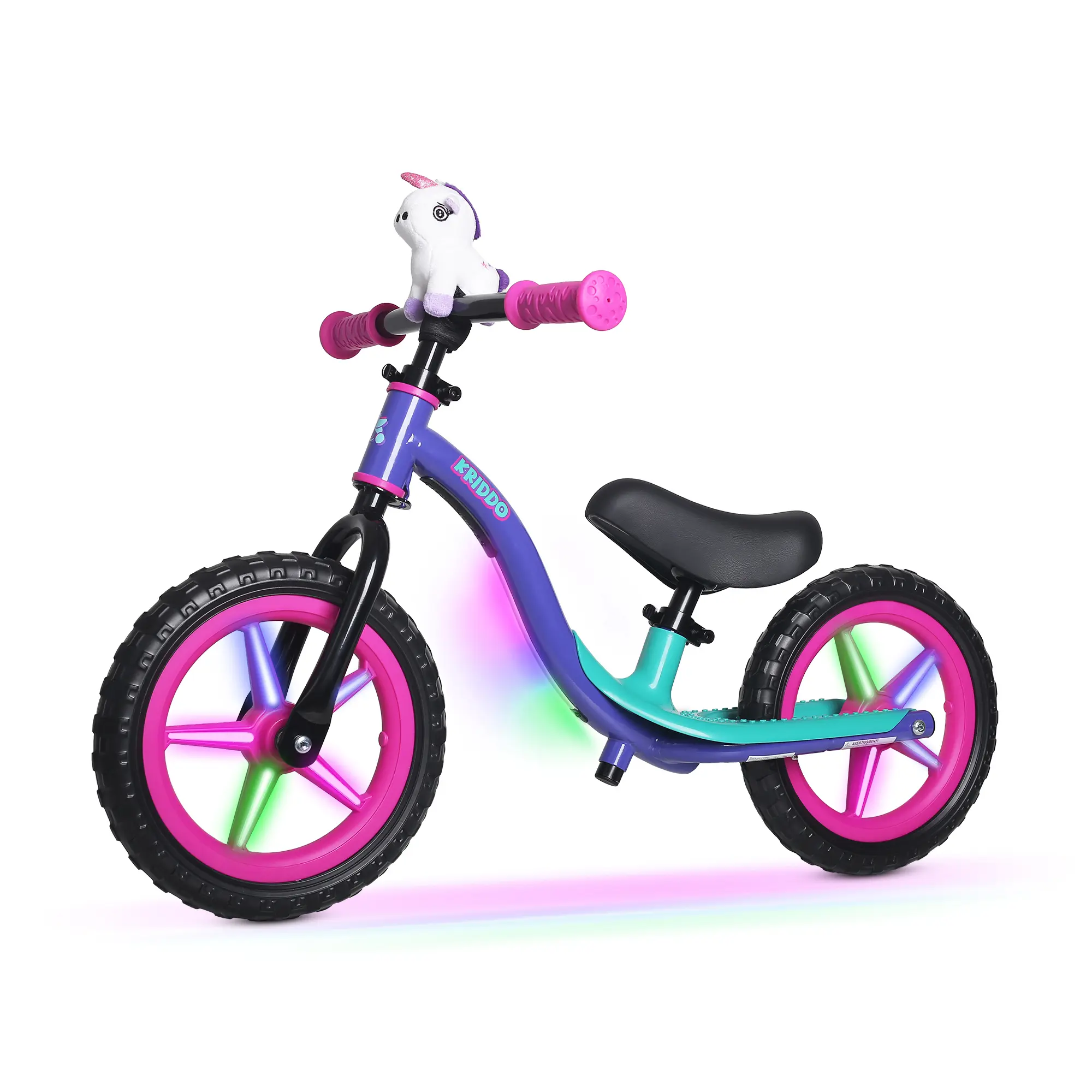 KRIDDO Riding Buddy AuraLED Balance Bike | LED Toddler Bike with Flashing Wheels, Adjustable Seat & Handlebar, Carbon Steel Frame & 12" Tires | Glowing Ride-On Balance Bike for Boys & Girls Ages 2–5 | Indoor & Outdoor Riding
