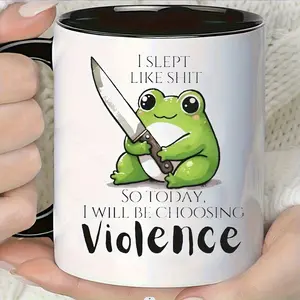 Funny Frog, Coffee Mug, Knife Holding Frog Design, Ceramic With Black Interior, For Humor Lovers And Coffee Drinkers, 11 Oz Single Piece
